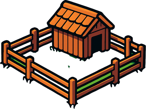 מרעה ירוק עם דיר קטן במרכזו.
In-Game asset.  2d.  High contrast.  No shadows
