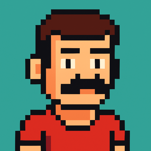 A man with a mustache. In the style of Pixek Art..
In-Game asset.  2d.  High contrast.  No shadows