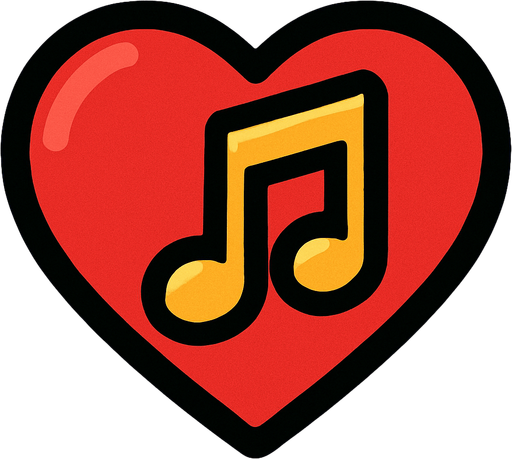 küçük bir kalp ve içinde 🎶 notası.
In-Game asset.  2d.  High contrast.  No shadows