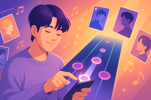 Fullscreen modern App Store landscape banner, 16:9, high definition, for a game titled "BTS Harmony Rush" and with the description "An interactive rhythm game featuring BTS where players tap to the beat of iconic K-pop tracks while collecting member cards and maintaining combo streaks to achieve high scores.". No text on banner!