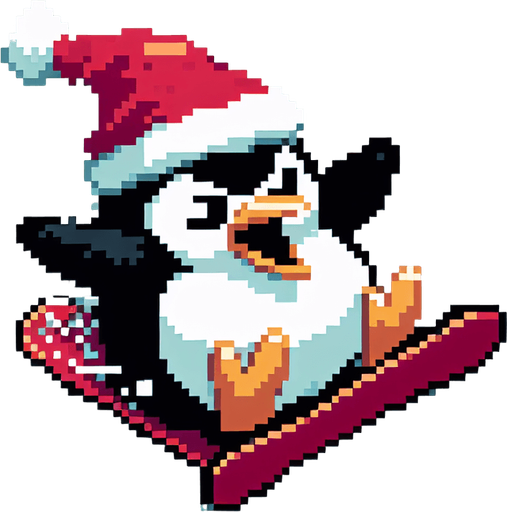 angry penguin snowboarder wearing a red santa hat. top-view. gta 2. seen from above. Single Game Texture. In-Game asset. 2d. Blank background. High contrast. No shadows. pixelated. 8 bit