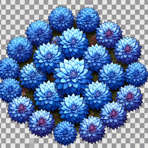 A sprite sheet of different blue dahlia seen from above. Cartoon. All similar size. Just the blossom. Bold colors and shading. 
Single Game Texture. In-Game asset. 2d. Blank background. High contrast. No shadows.
