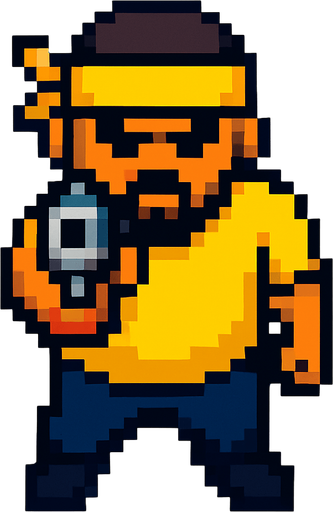 pandillero de amarillo hecho con pixeles con perspectiva desde arriba visto de frente apuntando hacia enfrente con un arma
In-Game asset.  2d.  High contrast.  No shadows