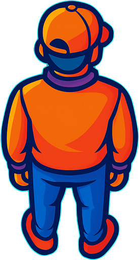 A young man standing, facing away with his back facing down. Top down view.