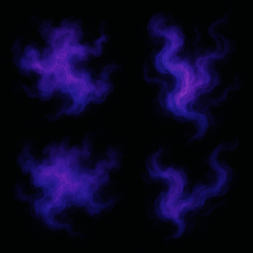 Wispy, gas-like particles

```
- Shape: Irregular, cloud-like with flowing tendrils
- Colors: Purple (#8844FF), magenta (#FF44AA), blue (#4488FF)
- Opacity: 60-80% at center, fading to transparent
- Texture: Soft, organic, slightly mottled
- Multiple variants: 3-4 different shapes for variety.
In-Game asset.  2d.  High contrast.  No shadows