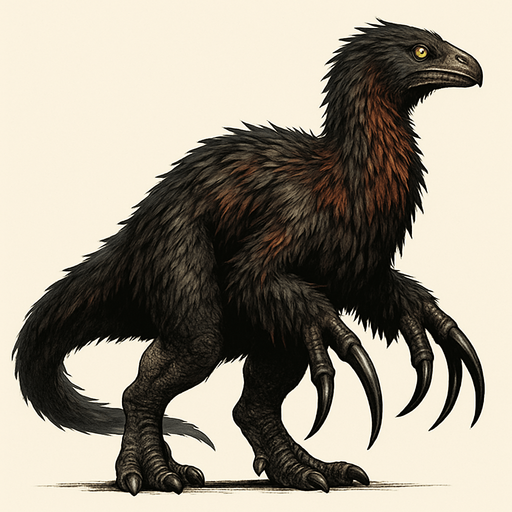 A realistic Therizinosaurus dinosaur covered in long, shaggy feathers with colors blending dark brown, black, and hints of rusty red. The feathers are especially thick on the neck, back, and arms, giving it a bird-like, primal appearance. Its long, powerful arms end in enormous, curved claws that are glossy and sharp. The small head has a beaked mouth and alert yellow eyes. The legs and tail show patches of scaly skin beneath the feather covering. The stance is slightly hunched, emphasizing its unusual shape and intimidating size..
In-Game asset.  2d.  High contrast.  No shadows