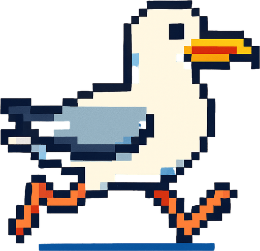 seagull looking to the right, pixelart, running.
In-Game asset.  2d.  High contrast.  No shadows