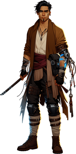 1. Appearance and Build:
Body Type: Athletic, muscular, slender, or bulky.
Height and Proportions: Tall and imposing, average, or short and agile.
2. Outfit:
Style: Modern, traditional, futuristic, or fantasy-inspired.
Details: Armor, casual clothes, martial arts gi, cybernetic enhancements, or tribal attire.
Accessories: Belts, gloves, headbands, jewelry, or tech gadgets.
3. Face and Hair:
Expression: Serious, confident, aggressive, or calm.
Hair: Short, long, spiky, braided, or tied in a ponytail. Specify color and texture (e.g., fiery red, silky black, or platinum blonde).
Facial Features: Scars, tattoos, or unique marks.
4. Weapons and Tools:
Describe any weapons, like swords, nunchaku, guns, or energy-based tools.
Mention how the character wields or carries these items.
5. Special Effects:
Glowing eyes, a fiery aura, electricity coursing through their body, or smoke emanating from their feet.
Unique powers visually represented (e.g., ice shards, flames, or magical sigils).
6. Pers.
Single Game Texture. In-Game asset. 2d. Blank background. High contrast. No shadows.