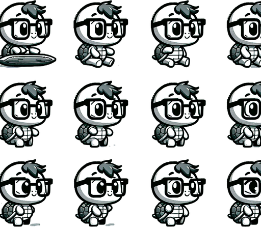 A spritesheet with a number of poses of an happy little turtle with strong eye-glasses, carrying a vertically oriented surfboard,, smiling, walking, waiting, standing, ordering, turning, etc. all seen from the side.The spritesheet should be laid out in a rectangular grid with clear space between each individual sprite. Each sprite in the sheet should be around 300x600 pixels in size.
Single Game Texture. In-Game asset. 2d. Blank background. High contrast. No shadows.