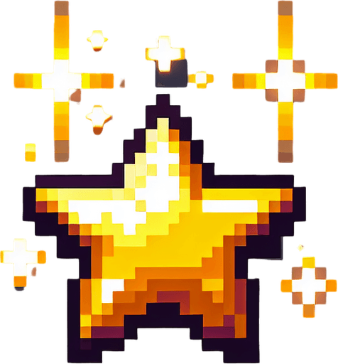 A small, glowing golden star collectible in pixel art style. Shiny with a subtle sparkle effect, floating slightly above the ground. Simple and bright, easy to spot during fast gameplay. Designed to reward players for precision jumping. Transparent background..
Single Game Texture.  In-Game asset.  2d.  Blank background.  High contrast.  No shadows