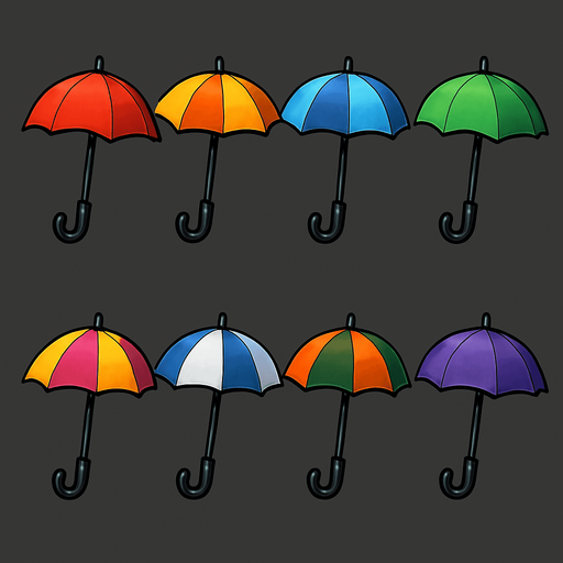 Pack of different umbrellas.
In-Game asset.  High contrast.  No shadows. 3D