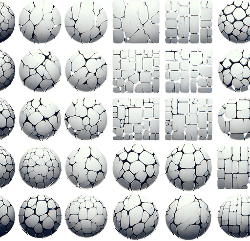 A sprite sheet of different crack patterns. Just the crack..
Single Game Texture. In-Game asset. 2d. Blank background. High contrast. No shadows.