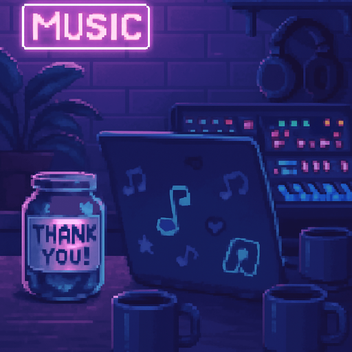 A 2048x2732 vertical pixel art background for a “Support Us” screen in a rhythm-based pixel art game. The scene continues the cozy neon-lit DJ room theme from the main menu, but zooms in slightly on the desk. A pixel-art tip jar labeled “Thank you!”, a laptop covered in music-themed stickers, coffee mugs, and glowing synth equipment are visible. Lighting remains dreamy and lo-fi with purples and soft blues. The mood feels warm, humble, and inviting. No characters or text — just the environment.. In-Game asset. 2d. High contrast. No shadows.
In-Game asset.  2d.  High contrast.  No shadows