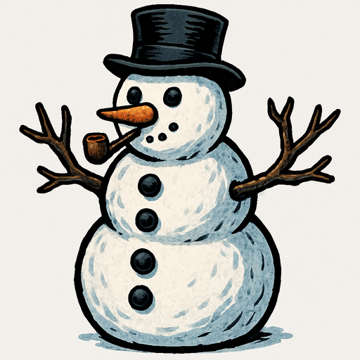 Hombre de nieve con pipa y manos de ramas y tres botones negros verticalmente algo realista.
In-Game asset.  2d.  High contrast.  No shadows