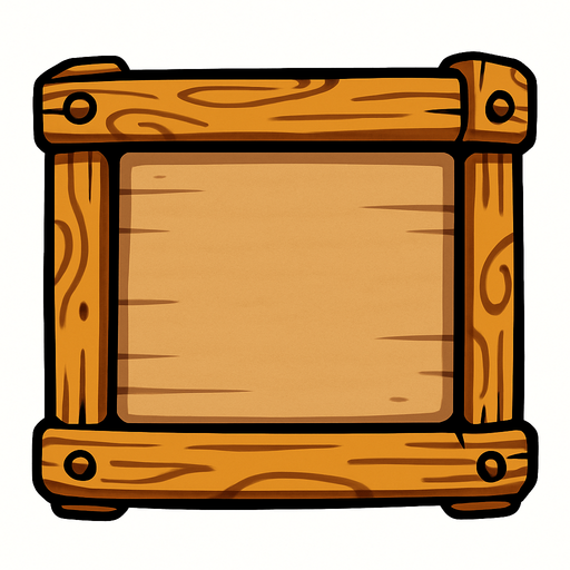 Recuadro de madera, parecido a un tablón de anuncios, animado.
In-Game asset.  2d.  High contrast.  No shadows
