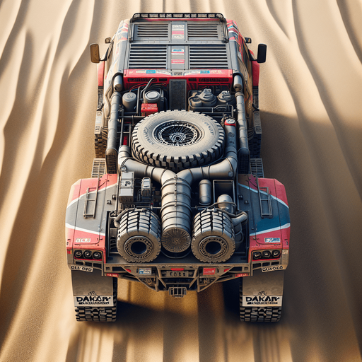 Photorealistic Dakar-Rally-Truck from back, Top view.