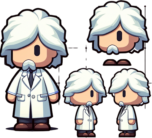 Newton in a white wig, full-length, cartoon style.
Single Game Texture. In-Game asset. 2d. Blank background. High contrast. No shadows.