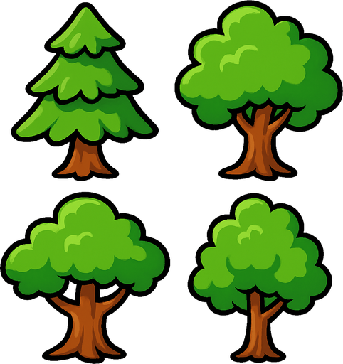 tree cartoons.
In-Game asset.  2d.  High contrast.  No shadows