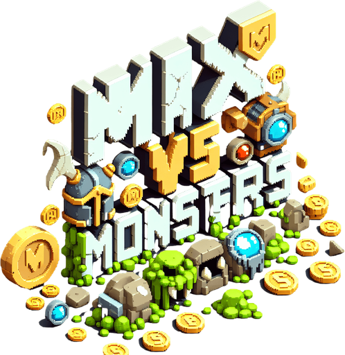 The words ‘Max vs Monsters’ in a pixel font. Max big on top, vs little in the middle, Monsters big on the bottom. Slime dripping from the bottom of monsters. The word Max is made out of armor and has gold coins and jewels around it. 
Single Game Texture.  In-Game asset.  2d.  Blank background.  High contrast.  No shadows