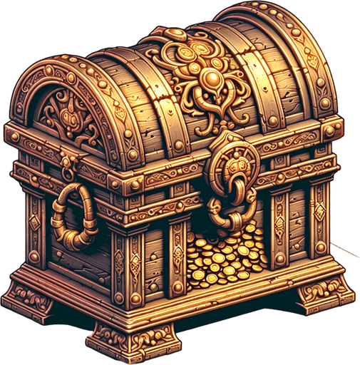 Treasure chest, like kept by the pirates with gold inside.
Single Game Texture. In-Game asset. 2d. Blank background. High contrast. No shadows.