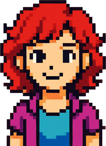 Personaje artística viendo a la cámara pixel art.
In-Game asset.  2d.  High contrast.  No shadows