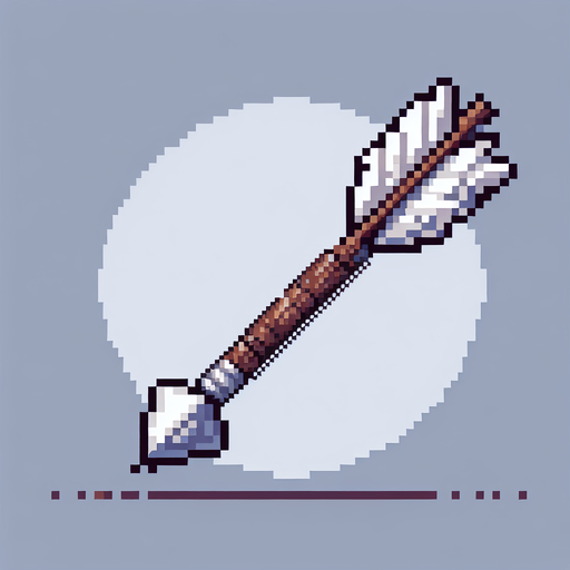 A wooden arrow with white feathers and a steel arrow head. Horizontal. Pixel art.
Single Game Texture.  In-Game asset.  2d.  Blank background.  High contrast.  No shadows
