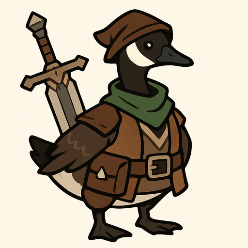 Canadian Goose in treasure hoarder outfit with claymore.
In-Game asset.  2d.  High contrast.  No shadows