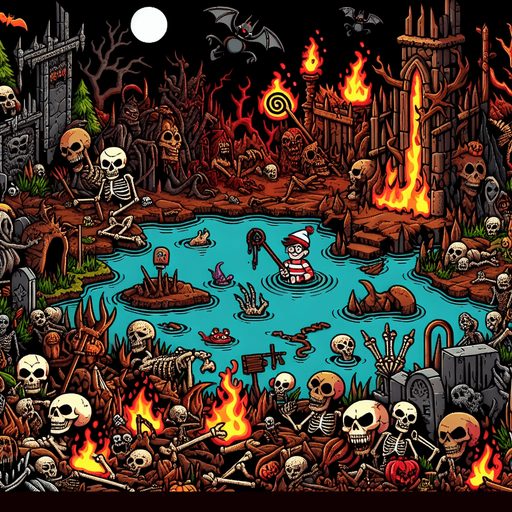 Generate a high quality cartoon background Halloween image on a black canvas similar to the format of where is waldo with a hellish lake environment.
Single Game Texture. In-Game asset. 2d. Blank background. High contrast. No shadows.