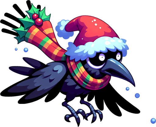 raven with christmas hat and colorful scarf got hit by a snowball in the air, he is shocked, cartoon Single Game Texture. In-Game asset. 2d. Blank background. High contrast. No shadows.
