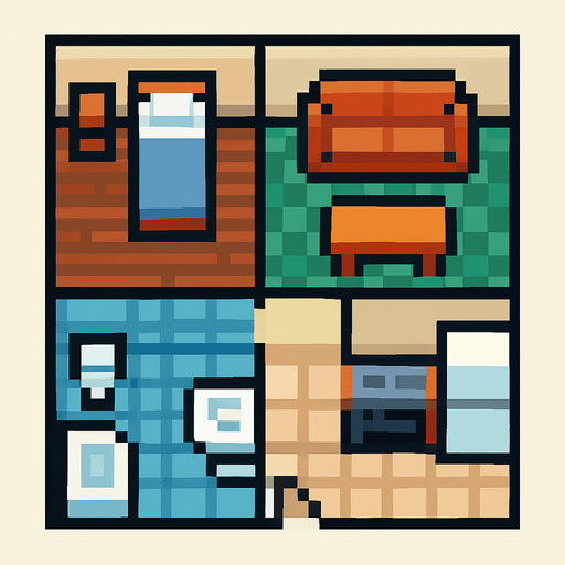 Apartment tile 2d pixilated topdown.
In-Game asset.  2d.  High contrast.  No shadows