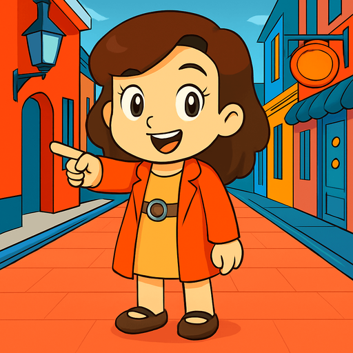 Make her point forward with her right hand and she has a happy look on her face