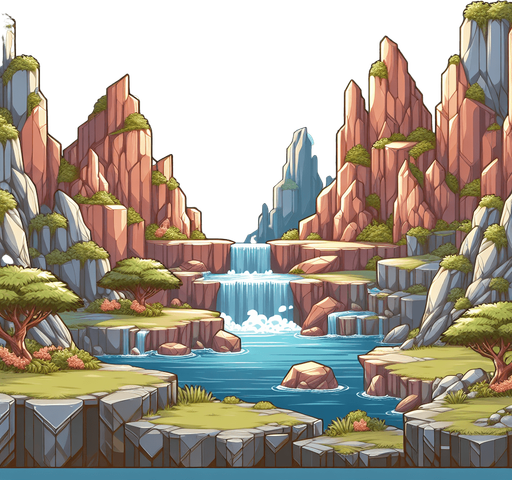bg of rocks waterfall.
Single Game Texture.  In-Game asset.  2d.  Blank background.  High contrast.  No shadows