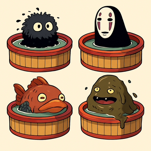 Japanese circle bath have different stink spirits from movie "spirited away". each one per bath. HD colors.
In-Game asset.  2d.  High contrast.  No shadows