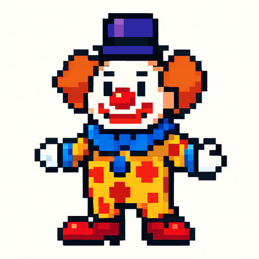 Create pixel art clown with no background.
In-Game asset.  2d.  High contrast.  No shadows