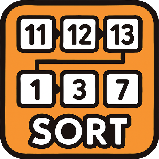 Sort square button, size 200 on 200 the button shows 2 rows of cubes, each row has 3 cubes. Each cube has a number on it. on the buttom row the numbers are: 1, 3, 7 The top row: 11, 12, 13.
the cubes connect with arrows points from the left cube to the cube right to her
at the buttom of the button, write SORT.
In-Game asset.  2d.  High contrast.  No shadows