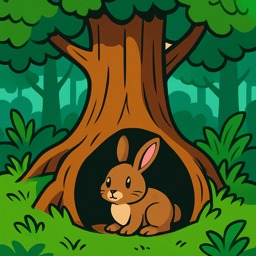 gambar 2d anime kelinci hare menunggu dalam lubang tanah di bawah pohon dalam hutan.
In-Game asset.  2d.  High contrast.  No shadows