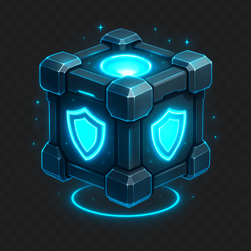 A 2D sci-fi power-up gift box that grants a shield, designed with a glowing blue energy core inside a metallic futuristic container. The box features holographic shield symbols, neon cyan highlights, and soft pulsing light. It is slightly levitating, surrounded by sparkles and a faint energy ring. The design should clearly suggest it gives protective power. Transparent background, digital art style, ideal for sprite use in a top-down space shooter game..
In-Game asset.  2d.  High contrast.  No shadows