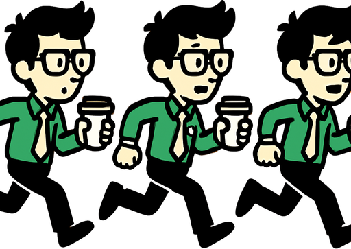 Intern holding a coffee cup running 3 frames.
In-Game asset.  2d.  High contrast.  No shadows