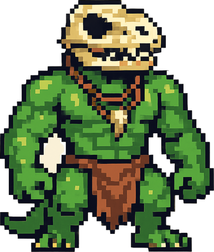 Lagarto furry fuerte sin camisa y con taparrabos, que en la cara lleve un cráneo de otro lagarto, que lleve colgantes y que sea pixeleado.
In-Game asset.  2d.  High contrast.  No shadows