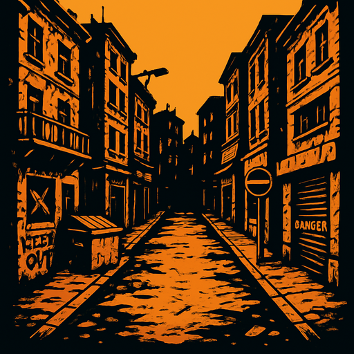 una calle de una ciudad peligrosa con edificios viejos en la parte de arriba.
In-Game asset.  2d.  High contrast.  No shadows