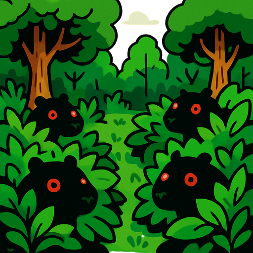 Crea un bosque verde alegre. Pero escondidos en las ojas de los arbustos aparecen capybaras de color negros con ojos rojos..
In-Game asset.  2d.  High contrast.  No shadows