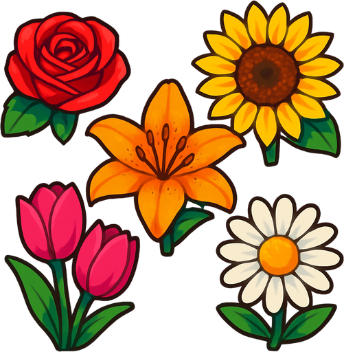 Blossom match with rose,lily,sunflower,tulips,and daisy. Vibrant..
In-Game asset.  2d.  High contrast.  No shadows