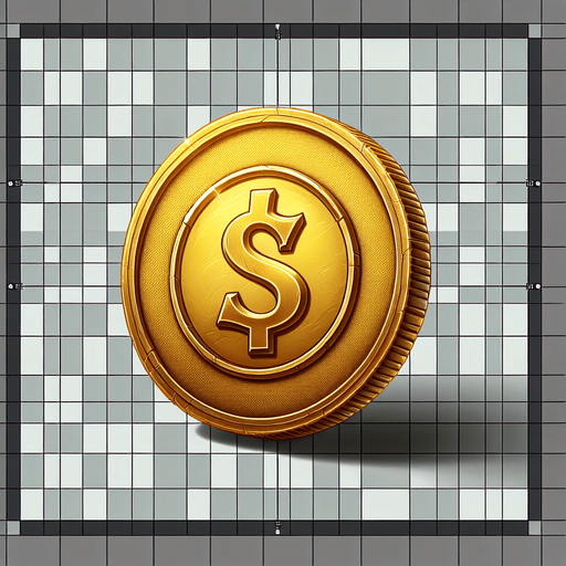 One gold coin.
Single Game Texture.  In-Game asset.  2d.  Blank background.  High contrast.  No shadows