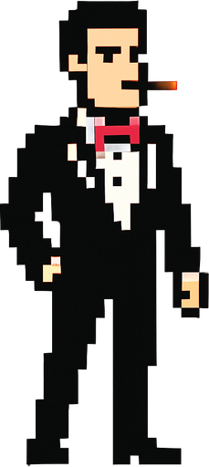 man in a black and white tuxedo with a pink bow tie and with a cigarette in his mouth, whole body shown 2d pixel art..
In-Game asset.  2d.  High contrast.  No shadows