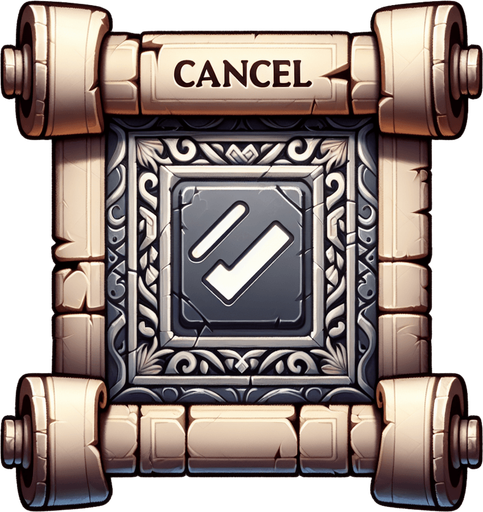 A scroll that reads Cancel on it. A cancel button with scroll type estetics.
Single Game Texture.  In-Game asset.  2d.  Blank background.  High contrast.  No shadows