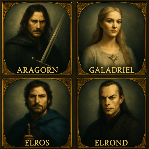 Aynı formatta 4lü kart yap. Aragorn, Galadriel, Elros, Elrond olsun