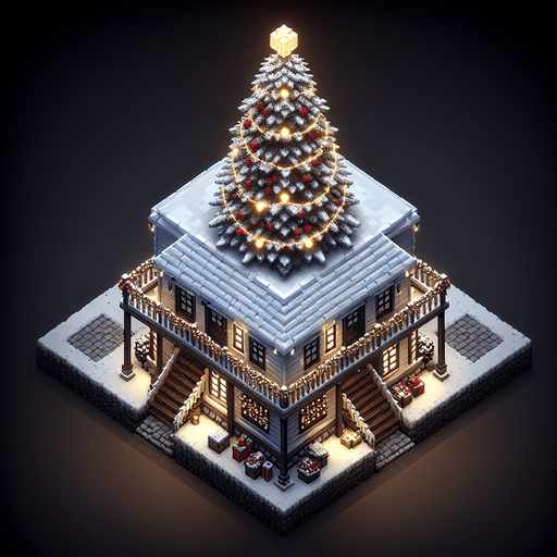 overhead view of simple box house christmas decorations giant christmas tree out front video game asset 2d blank background Single Game Texture. In-Game asset. 2d. Blank background. High contrast. No shadows.
