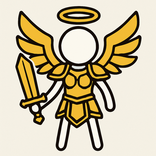 White female stickman that is an angel with golden armor and a heavenly sword.
In-Game asset.  2d.  High contrast.  No shadows