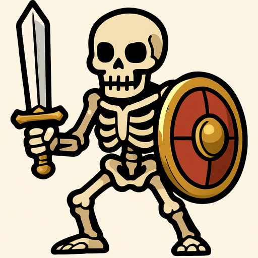 un esqueleto con espada y escudo.
In-Game asset.  2d.  High contrast.  No shadows