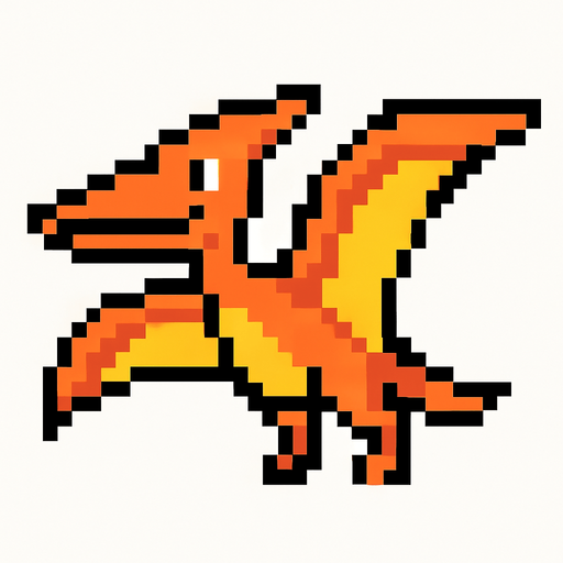 Make it 8 bit style dinosaur pterodactyl  cartoon character.
In-Game asset.  High contrast.  No shadows